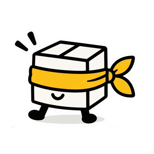 BlindfoldBox mascot: a cardboard box wearing a yellow blindfold.